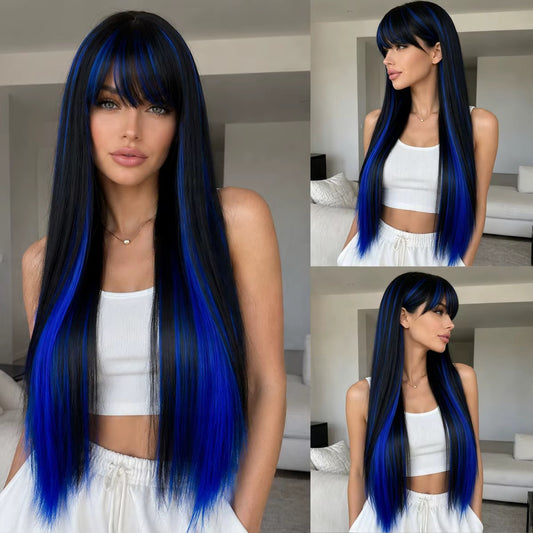 Nyx | 26” Black & Electric Blue Straight Wig with Bangs