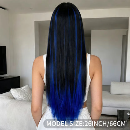 Nyx | 26” Black & Electric Blue Straight Wig with Bangs