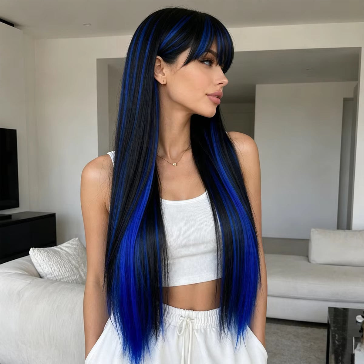 Nyx | 26” Black & Electric Blue Straight Wig with Bangs