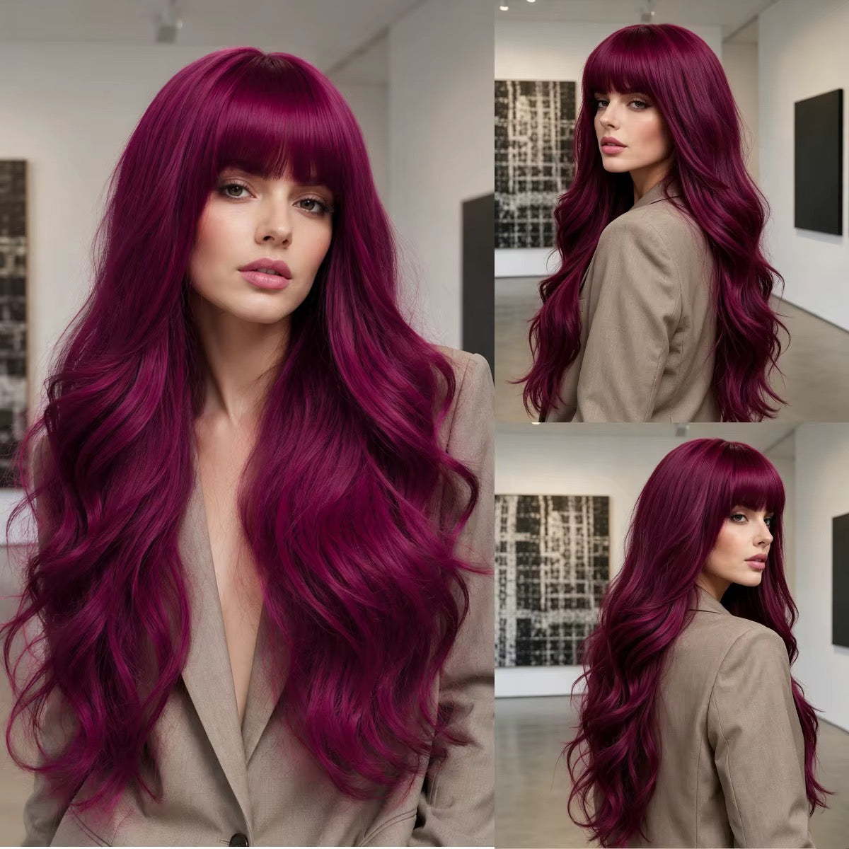 Bordeaux | 26” Burgundy Wavy Wig with Bangs