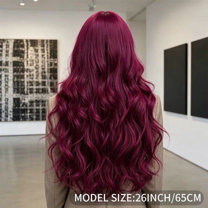Bordeaux | 26” Burgundy Wavy Wig with Bangs