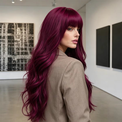 Bordeaux | 26” Burgundy Wavy Wig with Bangs