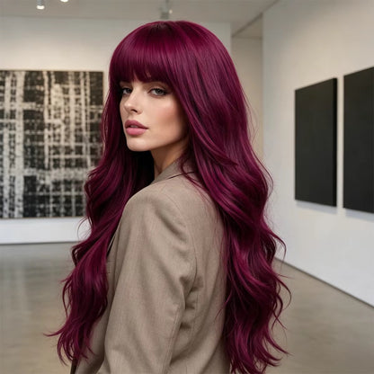 Bordeaux | 26” Burgundy Wavy Wig with Bangs