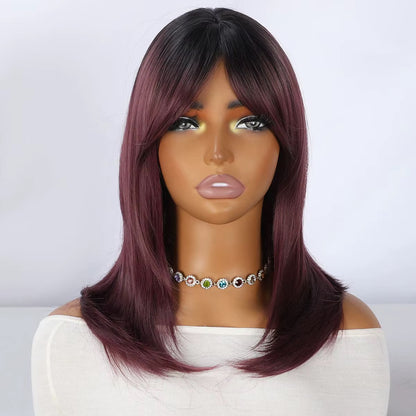 Merlot | 18” Burgundy Layered Wig with Curtain Bangs