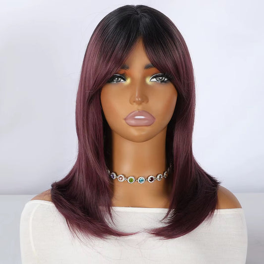 Merlot | 18” Burgundy Layered Wig with Curtain Bangs