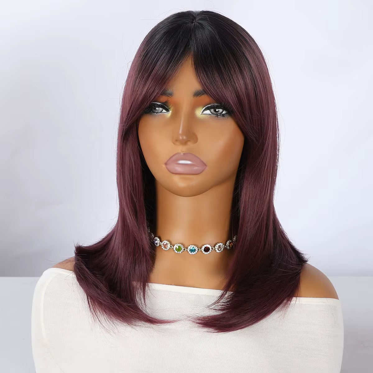 Merlot | 18” Burgundy Layered Wig with Curtain Bangs