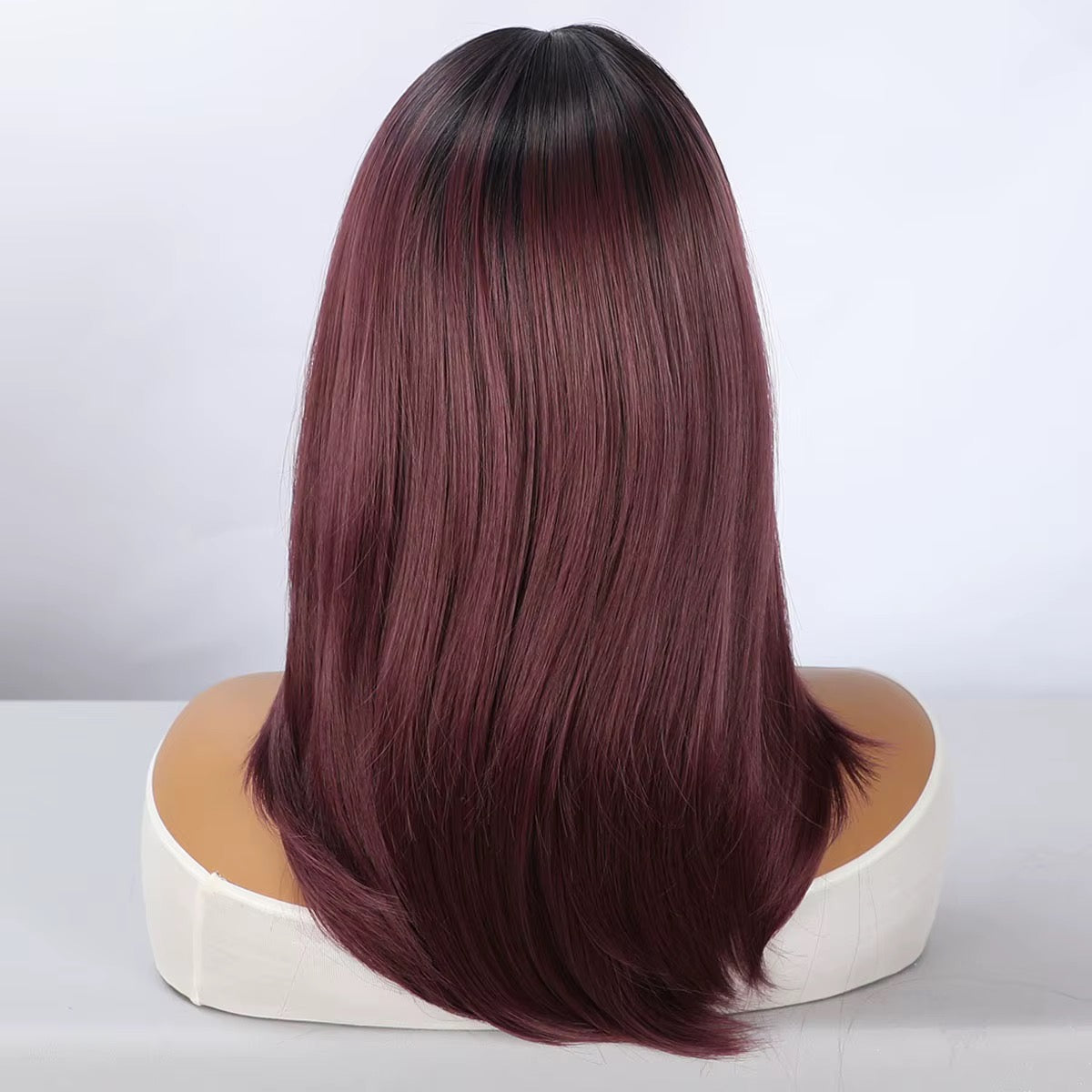 Merlot | 18” Burgundy Layered Wig with Curtain Bangs