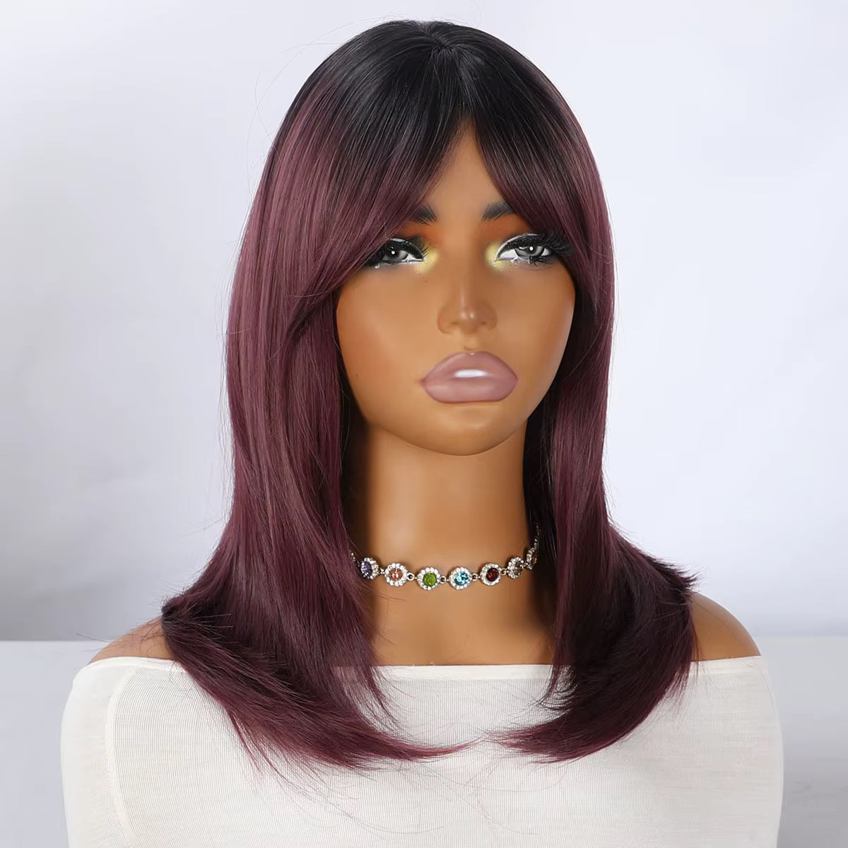 Merlot | 18” Burgundy Layered Wig with Curtain Bangs