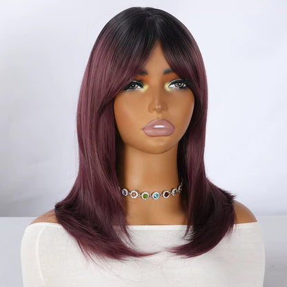 Merlot | 18” Burgundy Layered Wig with Curtain Bangs