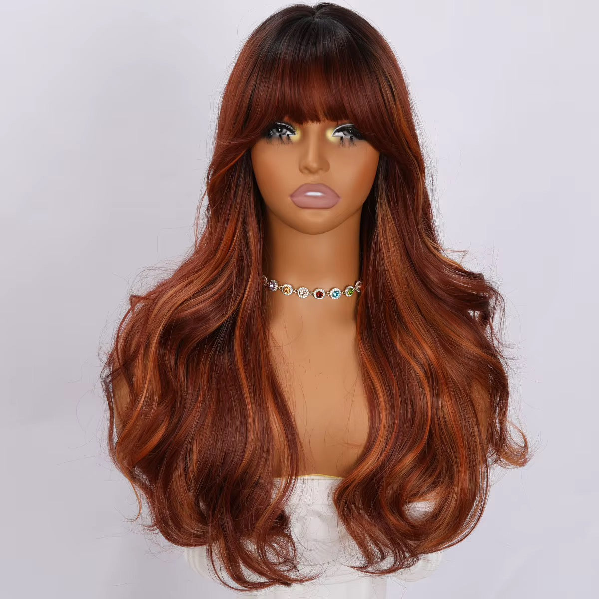 Soraya | 22” Copper Auburn Wavy Wig with Bangs
