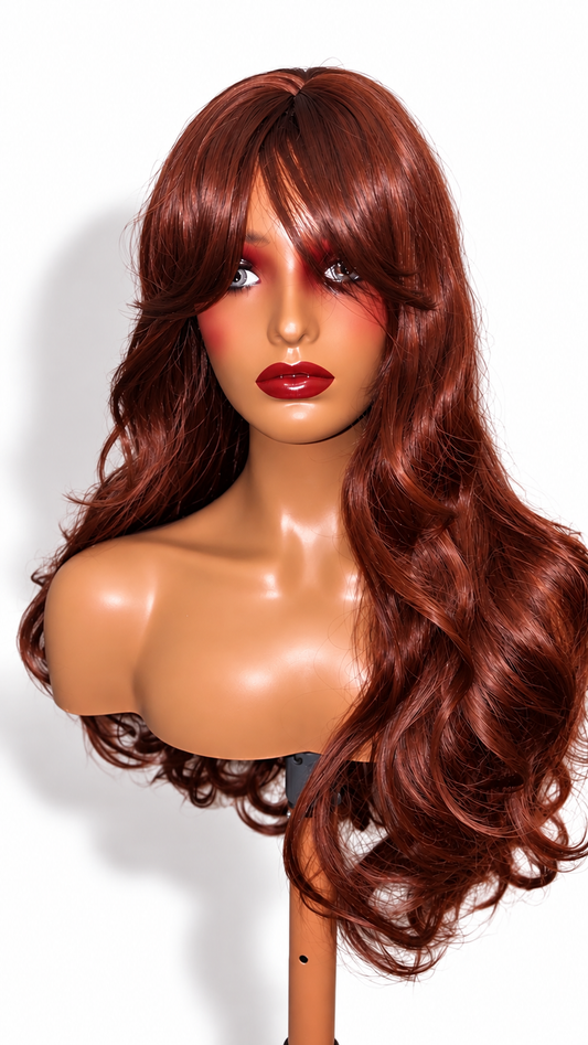 The Marissa | Synthetic Fiber 28” Red-Brown Layered Curtain Bang Wig