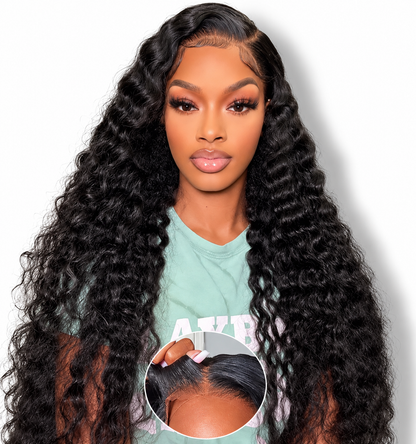 Goddess Wave Deep Wave 220% Density Glueless Lace Frontal Human Hair Wig | 5x5 or 13x4 | Natural Black