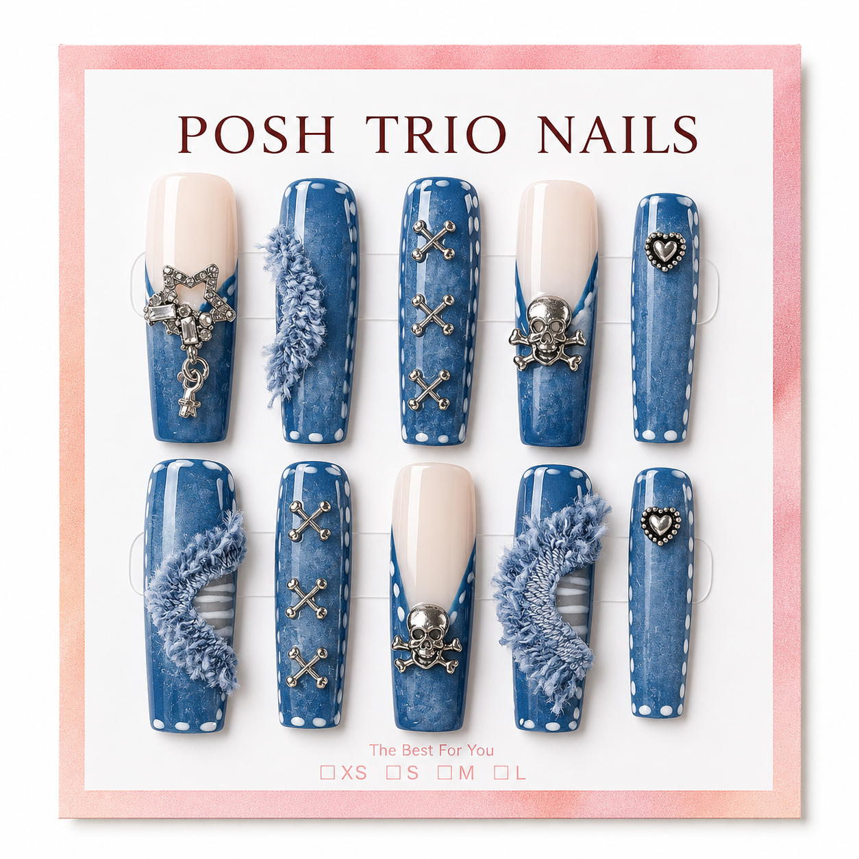 Posh Trio Handmade Blue Denim Skull Cross Press-On Nails
