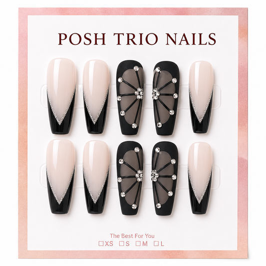 Posh Trio Handmade Black French Rhinestone Press-On Nails