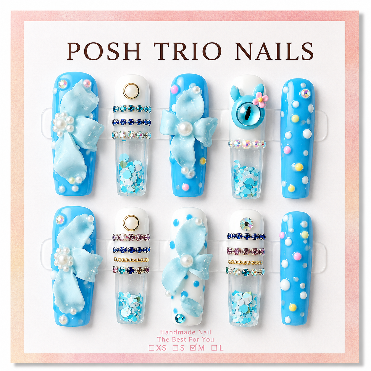 Posh Trio Handmade Blue Bow Shaker Press-On Nails