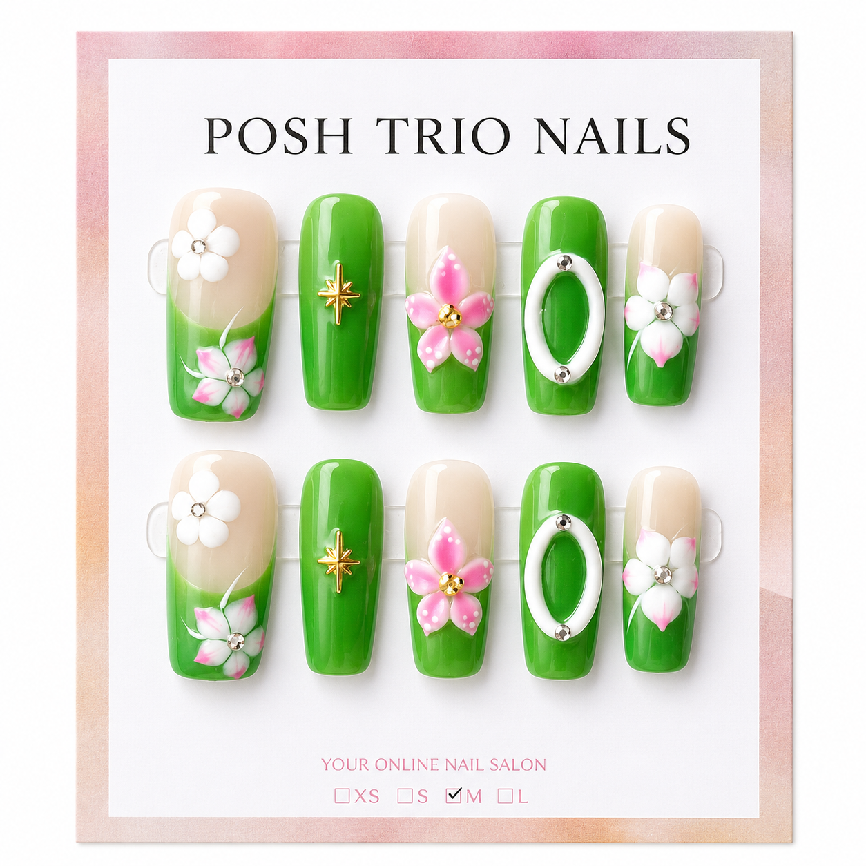 Posh Trio Handmade Green Floral Press-On Nails