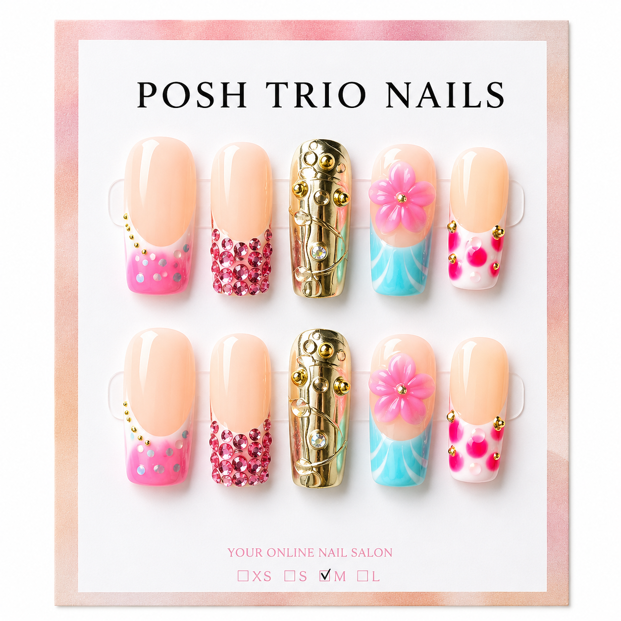 Posh Trio Handmade Pink Gold Flower Press-On Nails