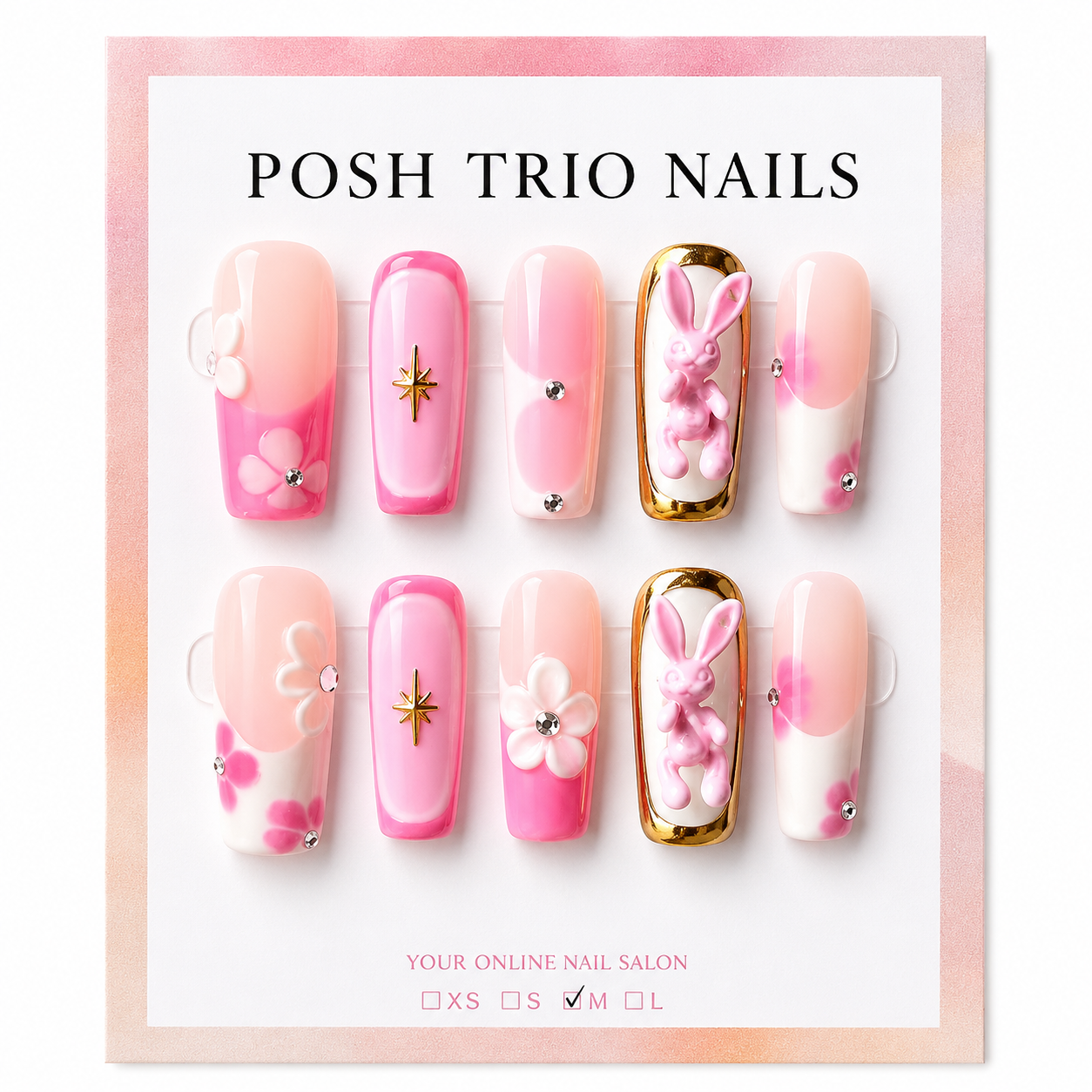Posh Trio Handmade Pink Bunny Flower Press-On Nails