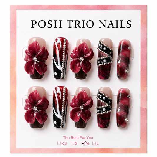 Posh Trio Handmade Burgundy Black 3D Flower Press-On Nails
