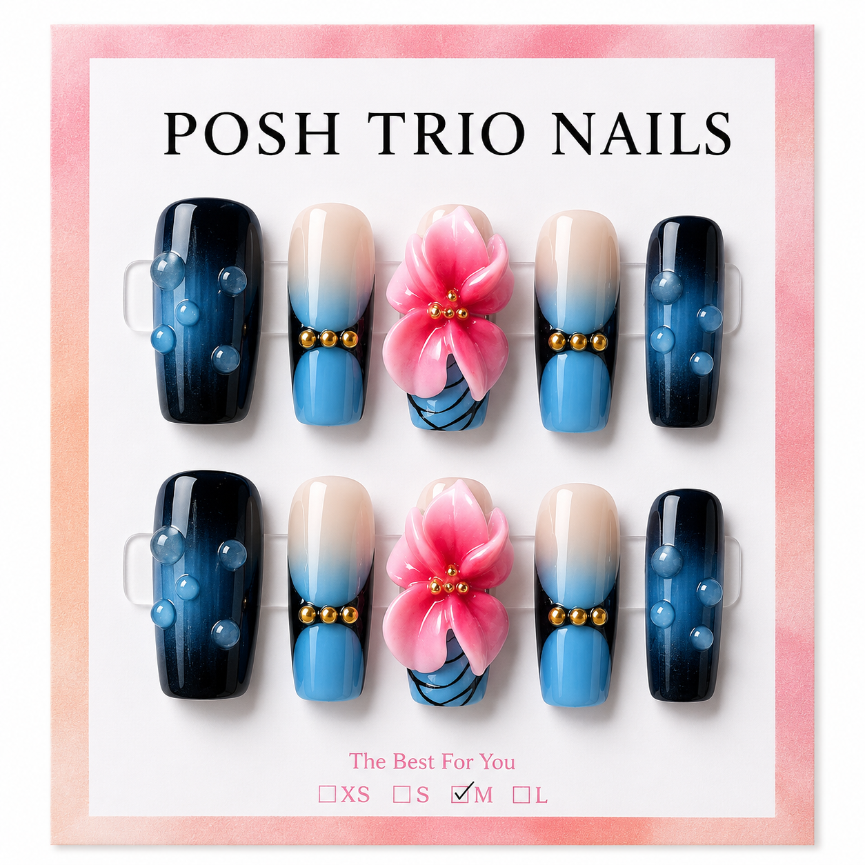 Posh Trio Handmade Navy Blue Pink Flower Press-On Nails