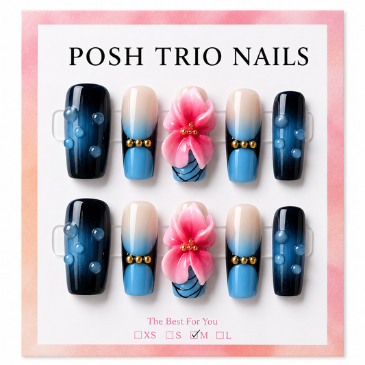 Posh Trio Handmade Navy Blue Pink Flower Press-On Nails