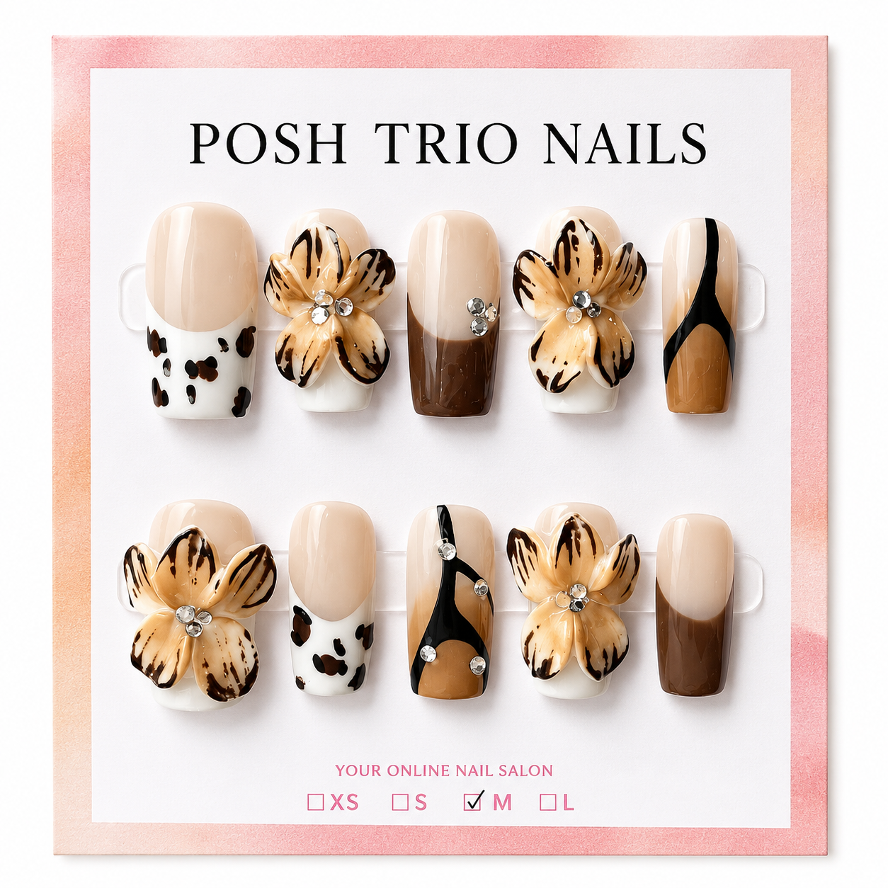 Posh Trio Handmade Brown Cow Print Flower Press-On Nails