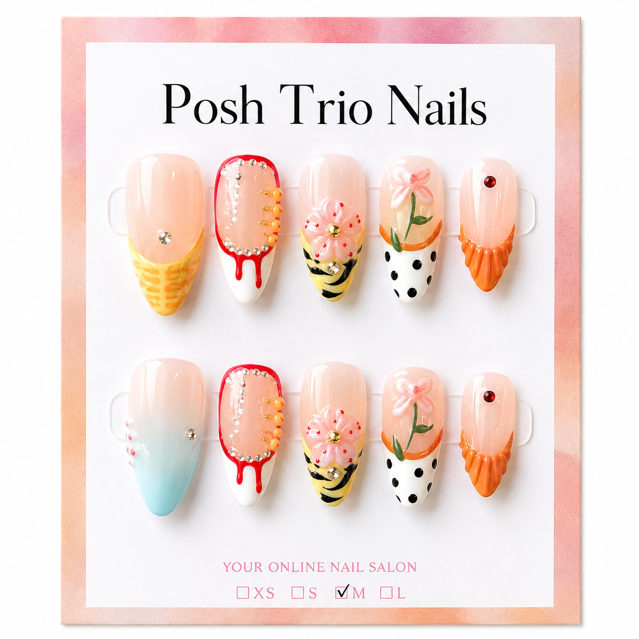 Posh Trio Handmade Orange Floral Mix Press-On Nails