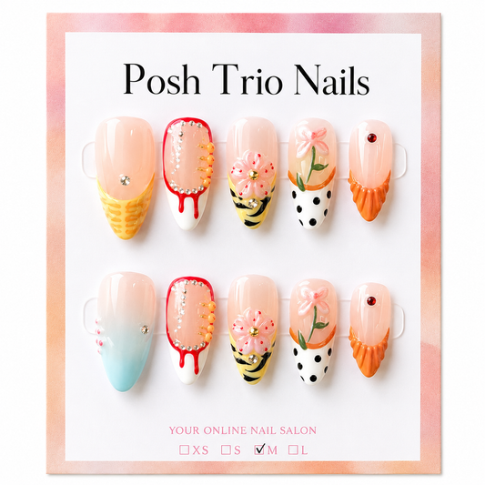 Posh Trio Handmade Orange Floral Mix Press-On Nails