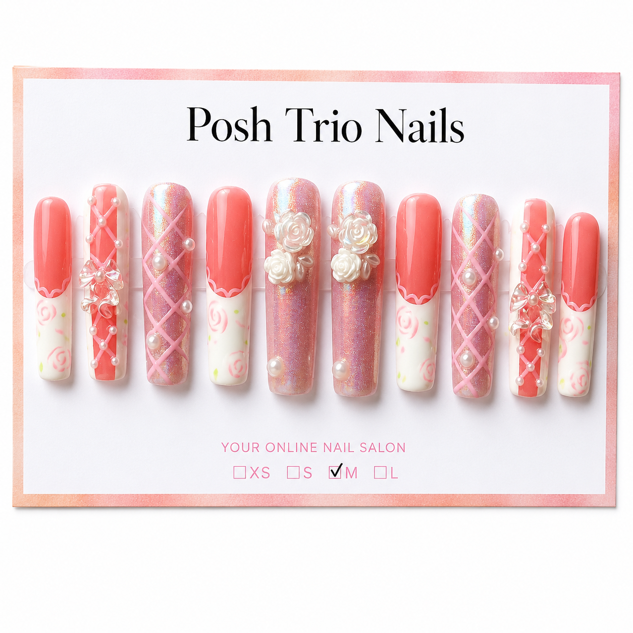 Posh Trio Handmade Coral Pink Floral Pearl Press-On Nails