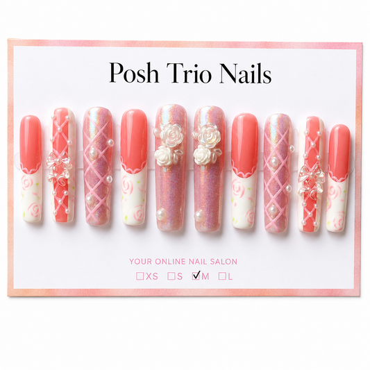 Posh Trio Handmade Coral Pink Floral Pearl Press-On Nails