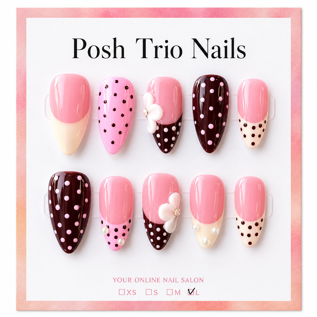 Posh Trio Handmade Pink Brown Polka Dot Flower Press-On Nails