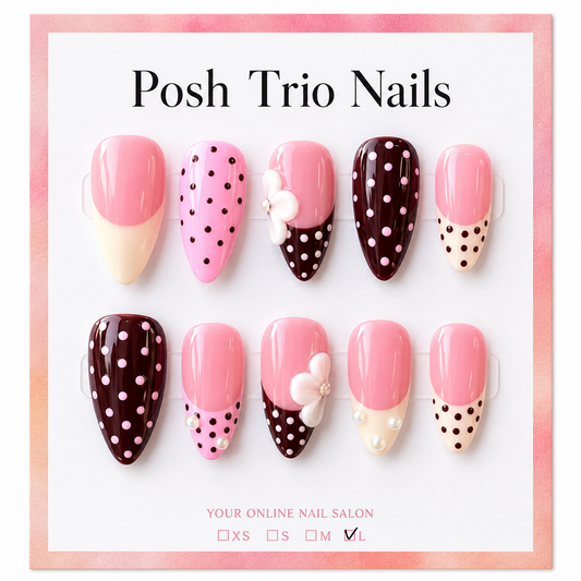 Posh Trio Handmade Pink Brown Polka Dot Flower Press-On Nails