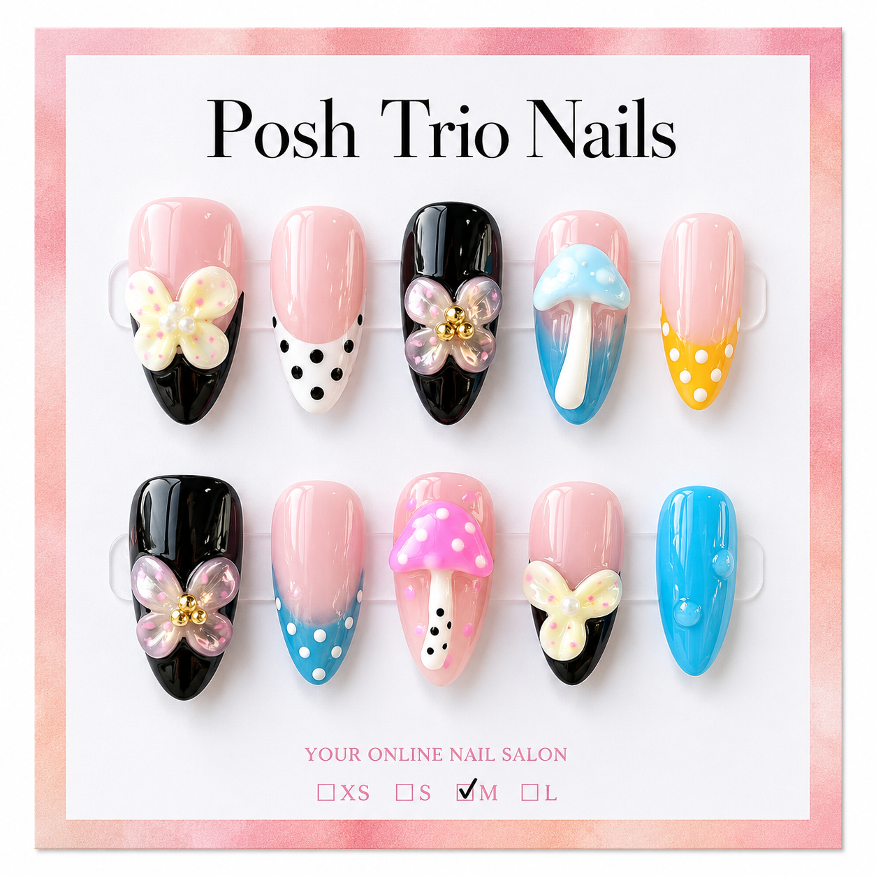 Posh Trio Handmade Butterfly Mushroom Polka Dot Press-On Nails