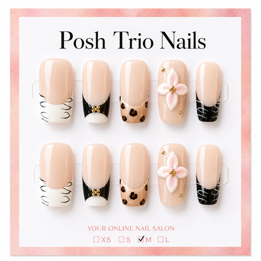 Posh Trio Handmade Nude Black Floral Press-On Nails