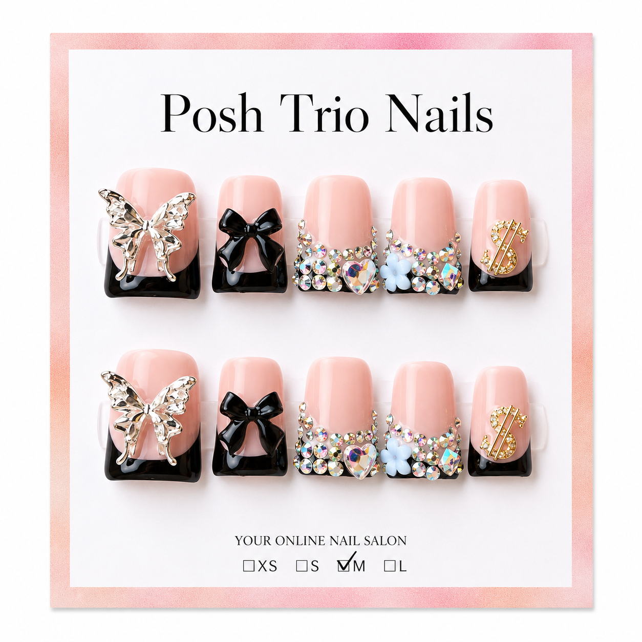 Posh Trio Handmade Black Butterfly Rhinestone Press-On Nails