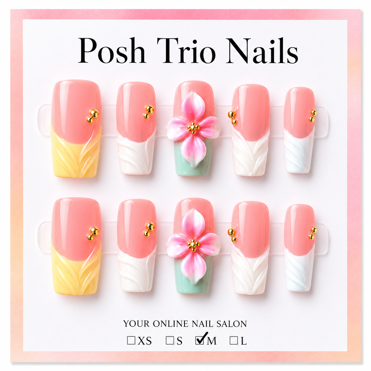 Posh Trio Handmade Coral Yellow Flower Press-On Nails