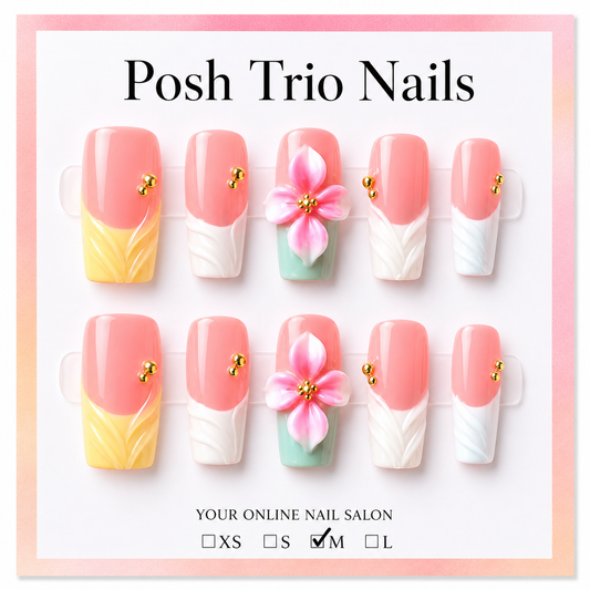 Posh Trio Handmade Coral Yellow Flower Press-On Nails