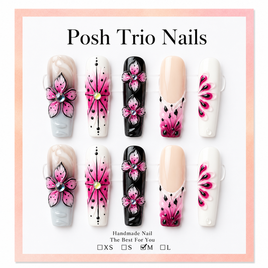 Posh Trio Handmade Pink Black Floral Press-On Nails