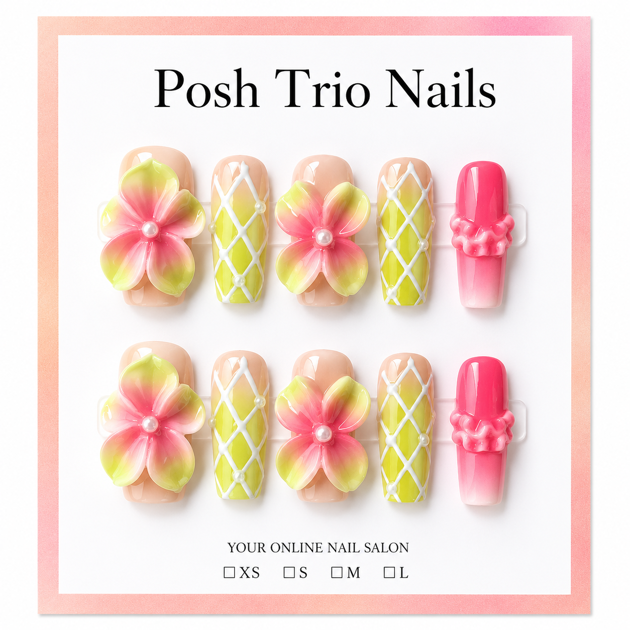 Posh Trio Handmade Lime Pink Flower Lattice Press-On Nails