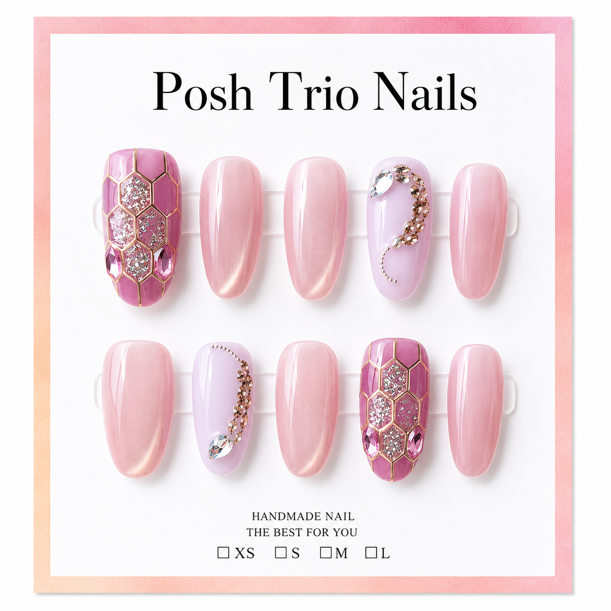 Posh Trio Handmade Pink Honeycomb Rhinestone Press-On Nails