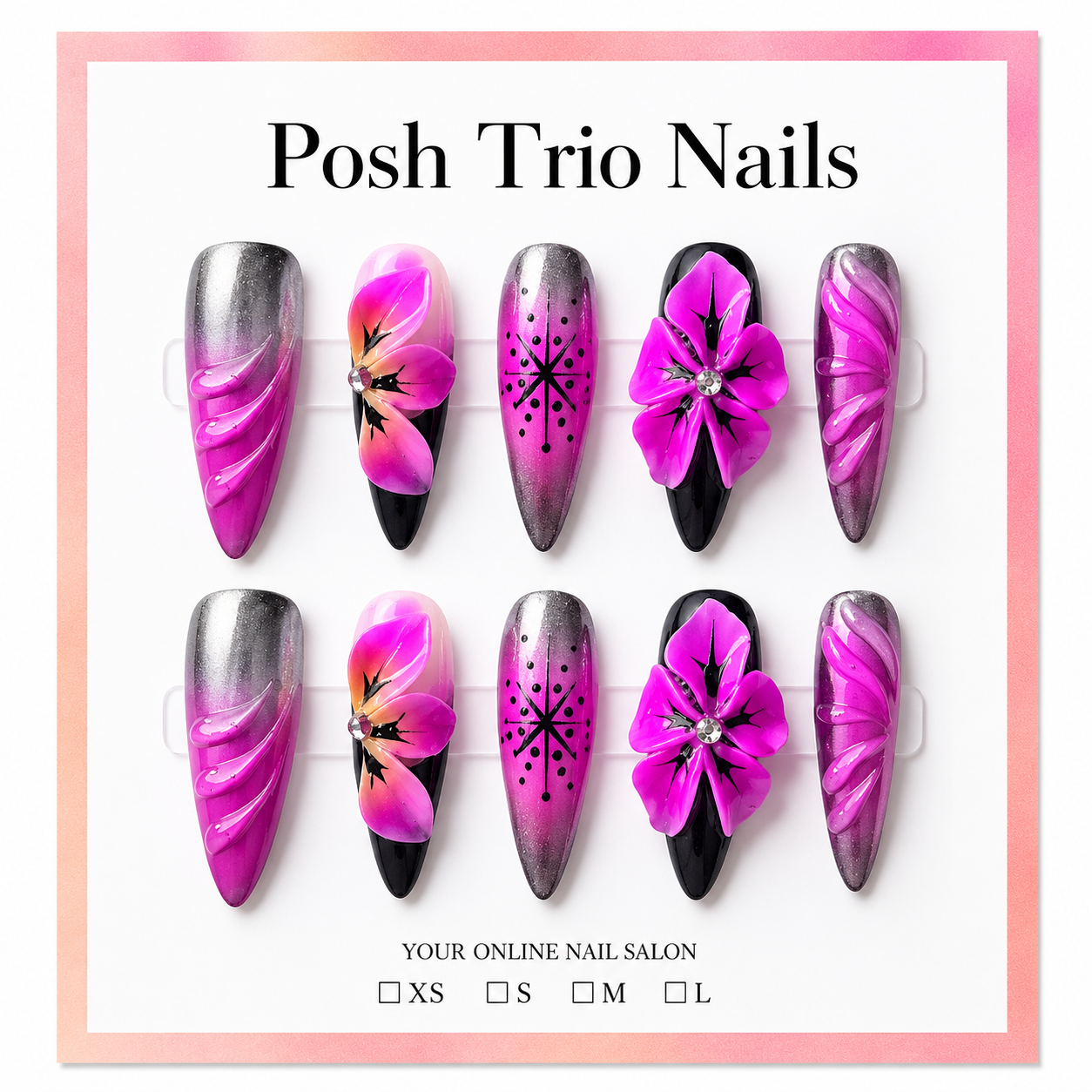 Posh Trio Handmade Purple Silver Floral Press-On Nails