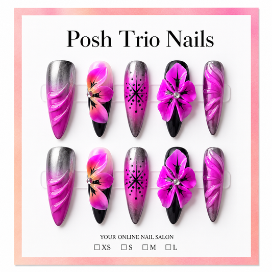 Posh Trio Handmade Purple Silver Floral Press-On Nails