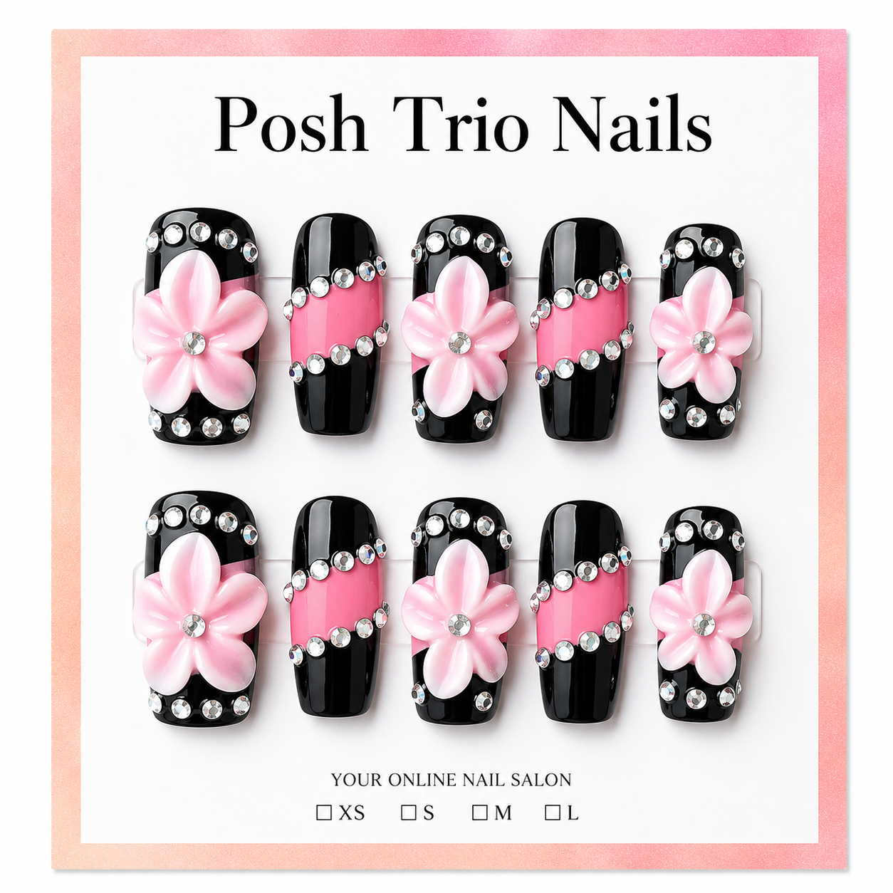 Posh Trio Handmade Pink Black Rhinestone Flower Press-On Nails