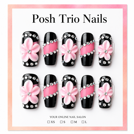 Posh Trio Handmade Pink Black Rhinestone Flower Press-On Nails