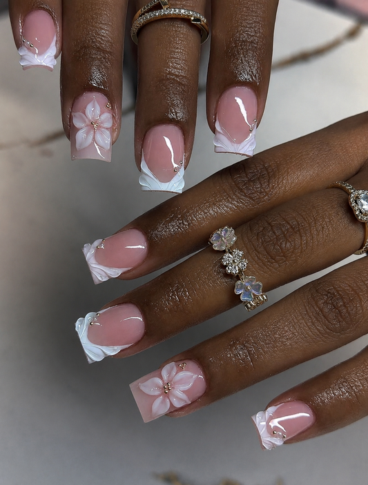 Short Square Floral Press-On Nails | Pink French Tip Soft Glam Nail Set