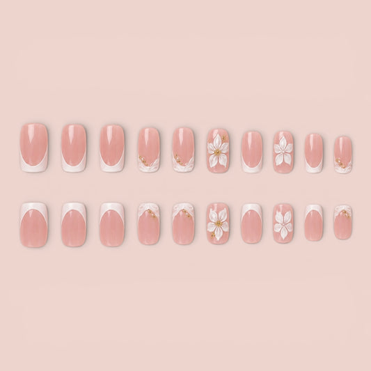 Pink Floral Short French Tip Press-Ons